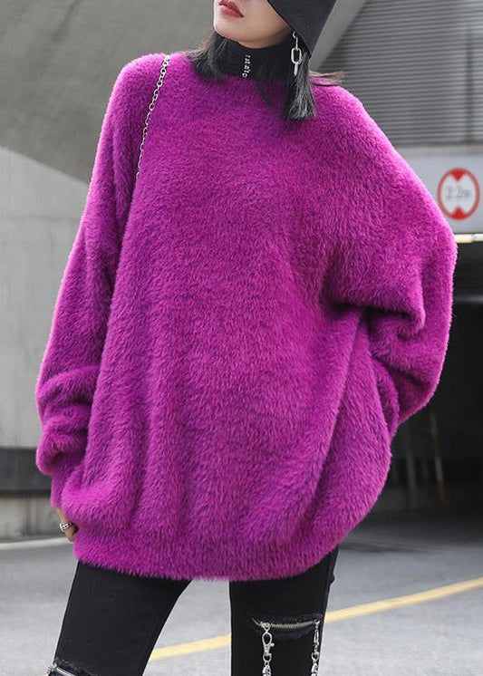 Vintage purple knitted t shirt o neck baggy casual knit tops - SooLinen