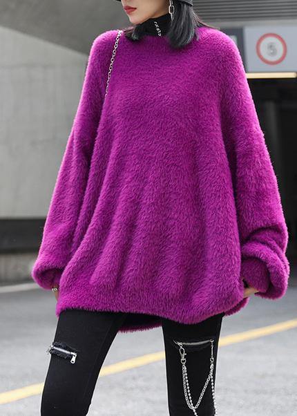 Vintage purple knitted t shirt o neck baggy casual knit tops - SooLinen