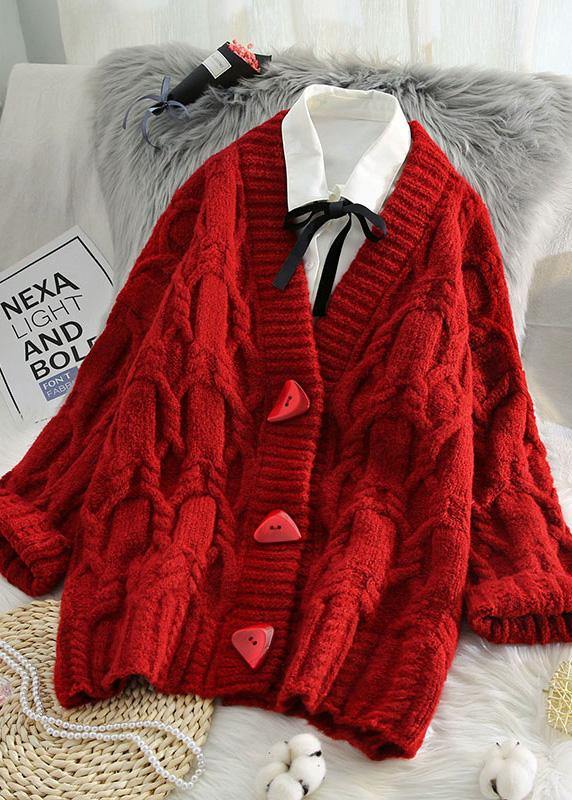 Vintage red knitted outwear casual spring v neck Button knit outwear - SooLinen