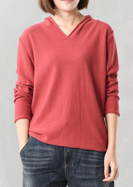 Vintage red v neck knitted outwear plus size loog sleeve knit outwear fall - SooLinen