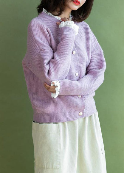 Vintage ruffles collar knitwear plus size pink long sleeve knitted cardigans - SooLinen