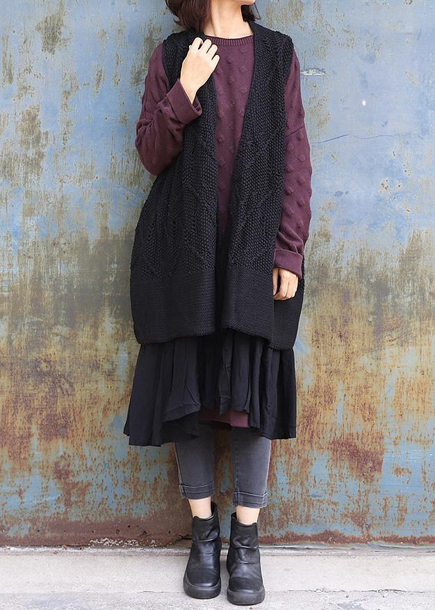 Vintage sleeveless knit outwear oversize black hollow out knit cardigans - SooLinen