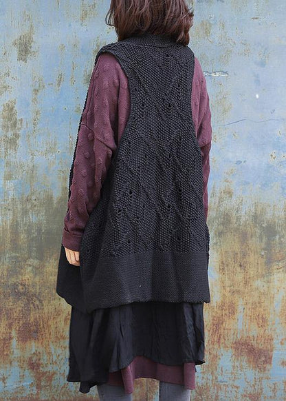 Vintage sleeveless knit outwear oversize black hollow out knit cardigans - SooLinen