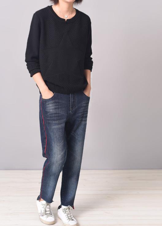 Vintage  solid color sweater plus size black patchwork sweaters o neck - SooLinen