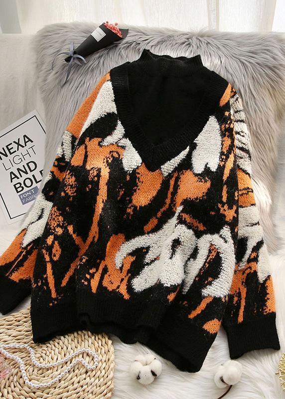 Vintage spring prints sweaters plus size half high neck knit blouse - SooLinen
