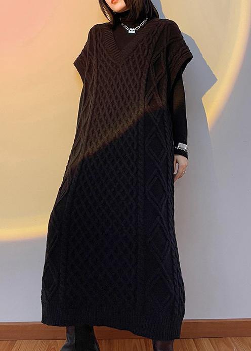 Vintage v neck sleeveless Sweater spring dress outfit Design black tunic knitted dress - SooLinen
