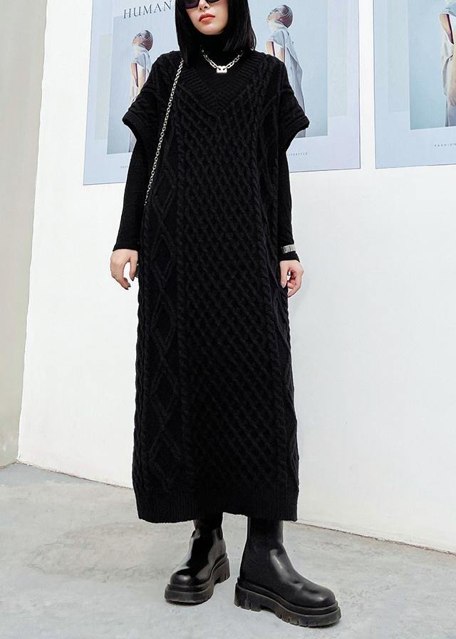 Vintage v neck sleeveless Sweater spring dress outfit Design black tunic knitted dress - SooLinen