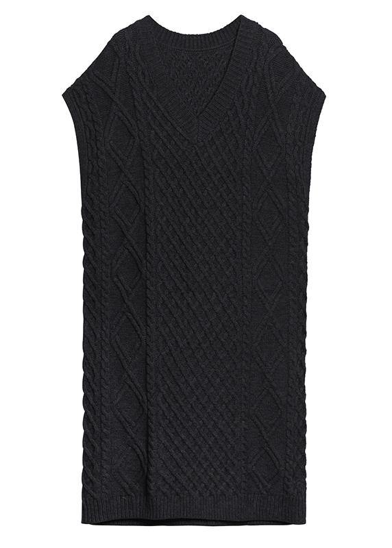 Vintage v neck sleeveless Sweater spring dress outfit Design black tunic knitted dress - SooLinen