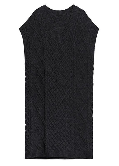 Vintage v neck sleeveless Sweater spring dress outfit Design black tunic knitted dress - SooLinen