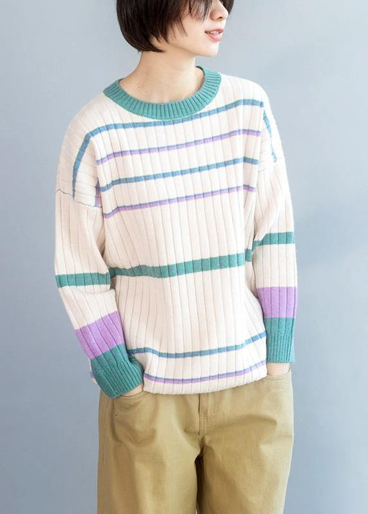 Vintage winter beige sweaters Loose fitting patchwork color knitted top - SooLinen