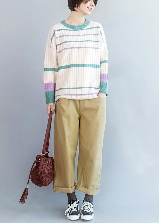 Vintage winter beige sweaters Loose fitting patchwork color knitted top - SooLinen