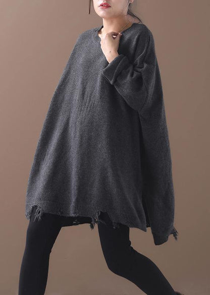 Vintage winter gray knitted blouse plus size Hole knit tops - SooLinen