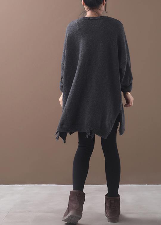 Vintage winter gray knitted blouse plus size Hole knit tops - SooLinen