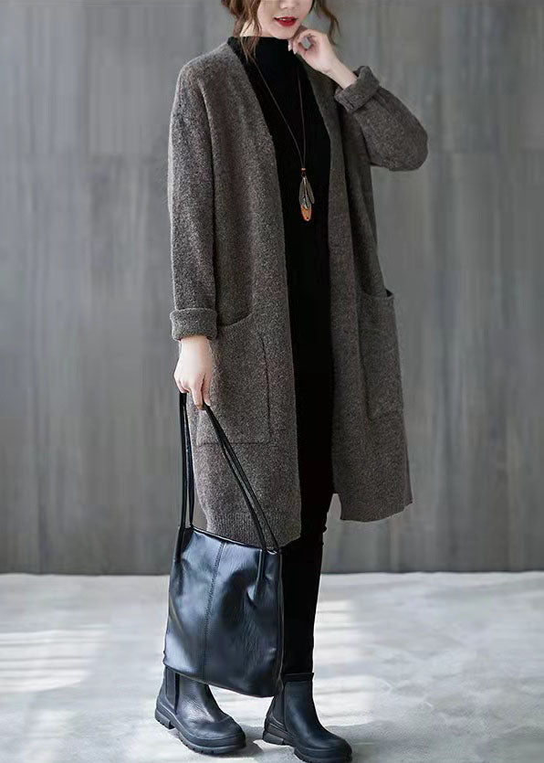 Vintage Khaki Plus Size Clothing Fall V-Neck Knit Outwear