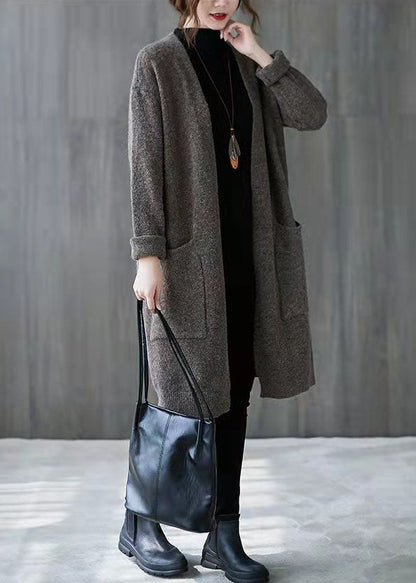 Vintage Khaki Plus Size Clothing Fall V-Neck Knit Outwear