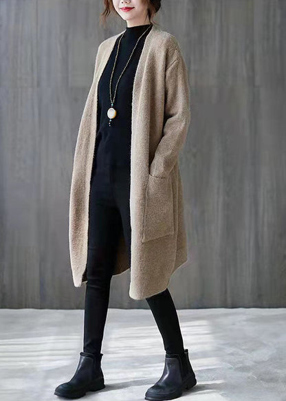 Vintage Khaki Plus Size Clothing Fall V-Neck Knit Outwear