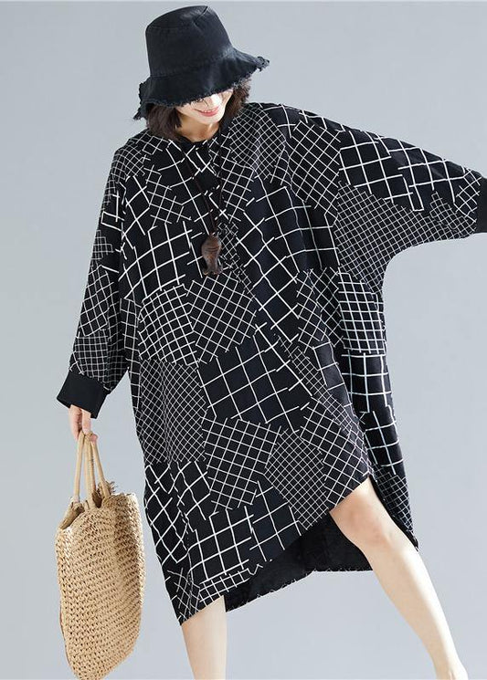 Vivid Black Plaid Quilting Dresses O Neck Asymmetric Robe Spring Dress - SooLinen