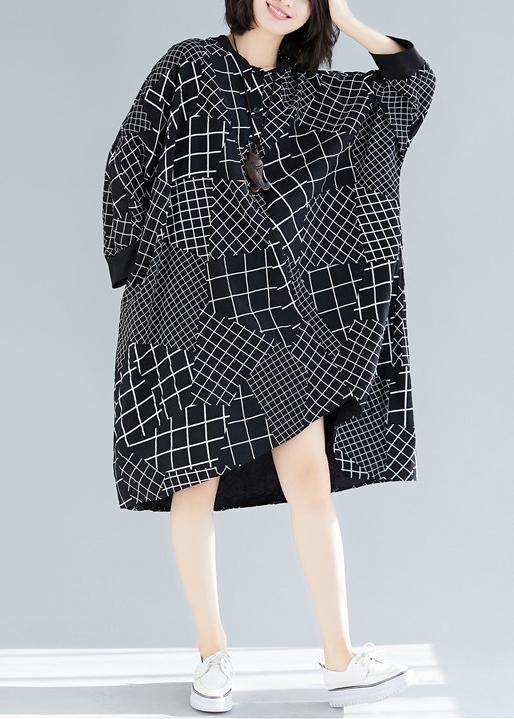 Vivid Black Plaid Quilting Dresses O Neck Asymmetric Robe Spring Dress - SooLinen