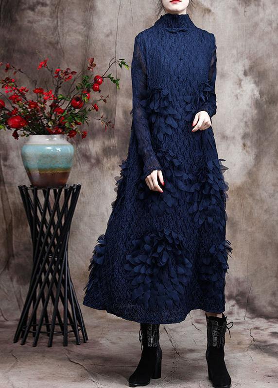 Vivid Blue Feather 3D Spring Dress Long Caftan - SooLinen