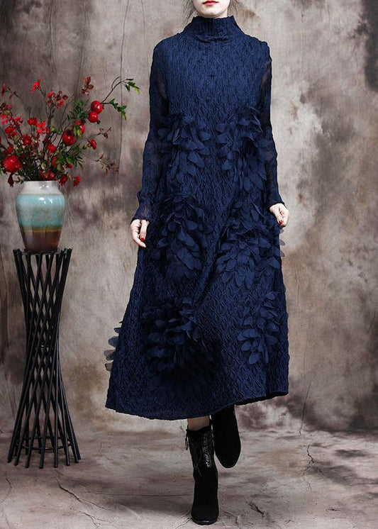 Vivid Blue Feather 3D Spring Dress Long Caftan - SooLinen