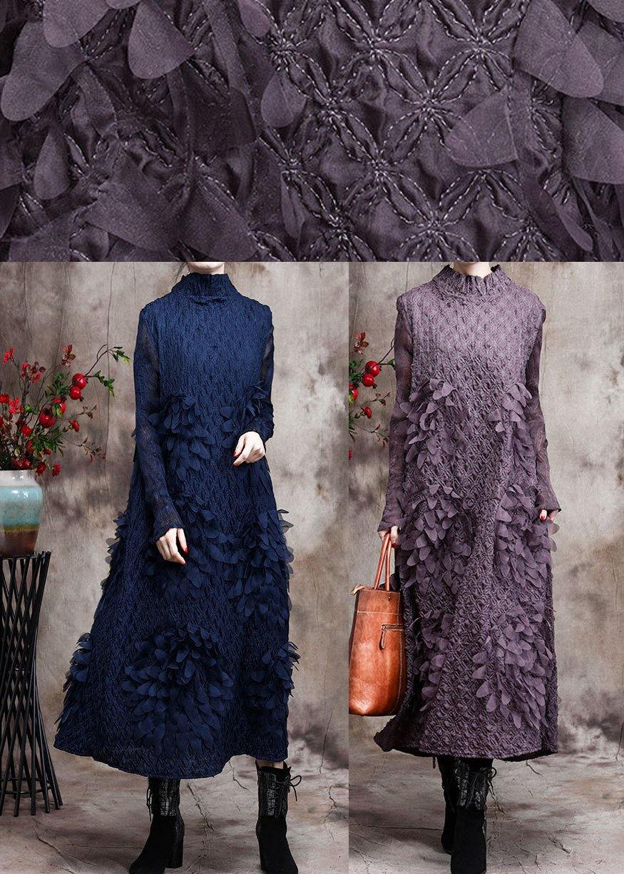 Vivid Blue Feather 3D Spring Dress Long Caftan - SooLinen