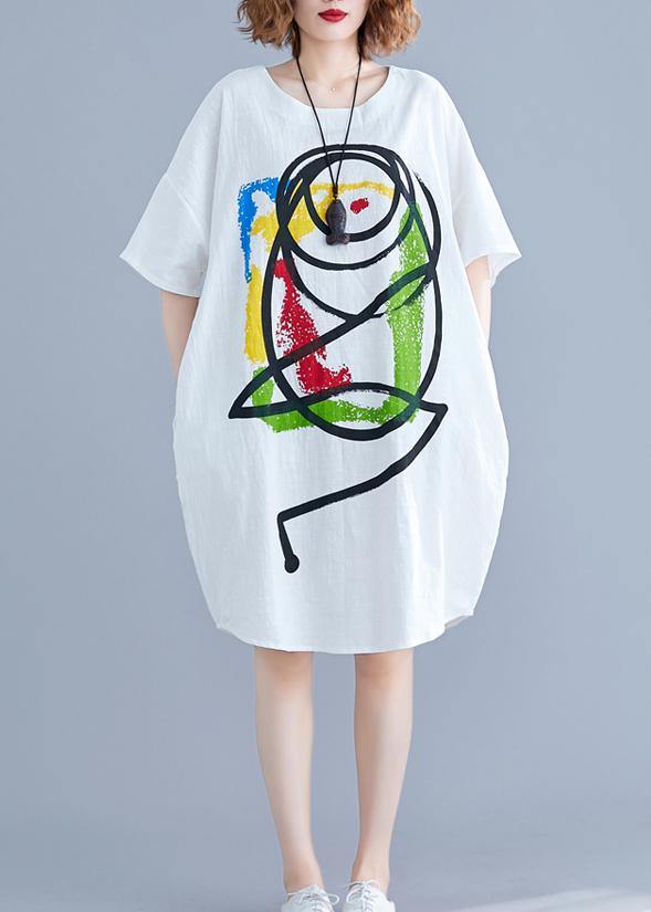 Vivid Cartoon print Cotton Tunics Tutorials white short sleeve Dress summer - SooLinen