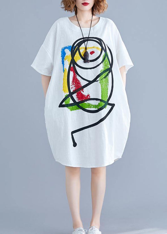 Vivid Cartoon print Cotton Tunics Tutorials white short sleeve Dress summer - SooLinen