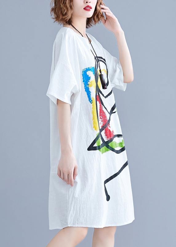 Vivid Cartoon print Cotton Tunics Tutorials white short sleeve Dress summer - SooLinen