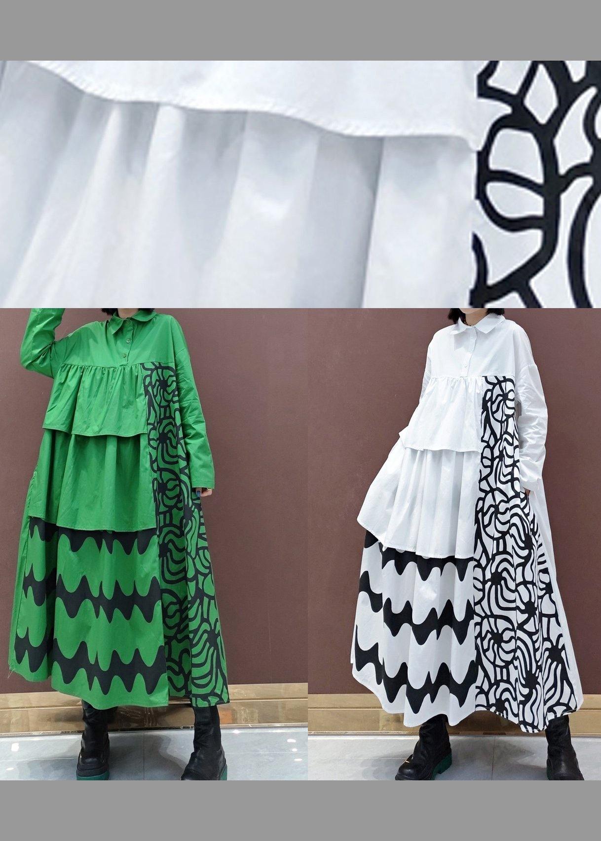 Vivid Lapel Asymmetric Spring Quilting Dresses Tunic Green Print Plus Size Dress - SooLinen