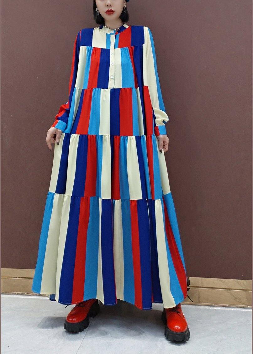 Vivid Stand Collar Patchwork Spring Clothes Women Fashion Ideas Multicolor Striped Kaftan Dresses - SooLinen