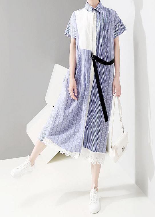 Vivid Tunics Fun Asymmetrical Patchwork Striped Short Sleeve Shirt Dress - SooLinen