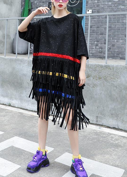 Vivid black Cotton 0layered tassel Dresses summer Dress - SooLinen