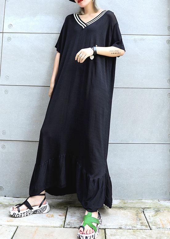 Vivid black cotton Tunics v neck Traveling ruffles summer Dresses - SooLinen