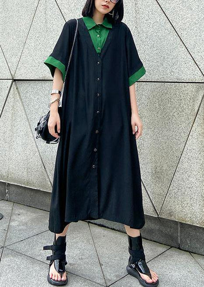 Vivid black cotton clothes Women lapel Button Down Maxi summer Dress - SooLinen