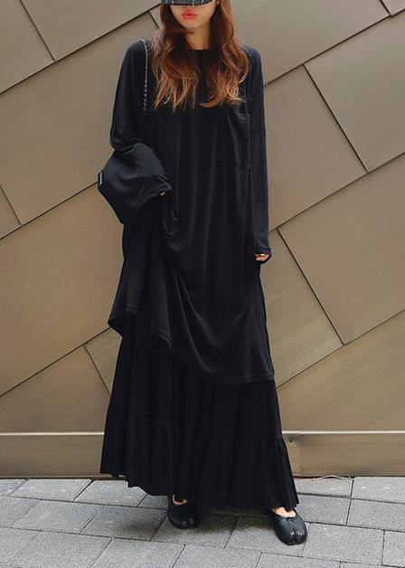 Vivid black cotton quilting dresses o neck Batwing Sleeve Kaftan summer Dress - SooLinen