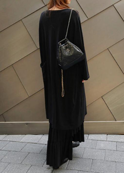 Vivid black cotton quilting dresses o neck Batwing Sleeve Kaftan summer Dress - SooLinen