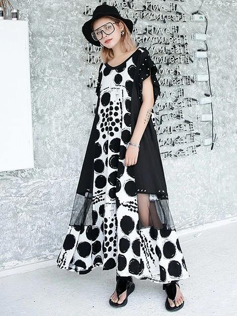 Vivid black dotted cotton Long Shirts o neck patchwork Maxi Dresses - SooLinen