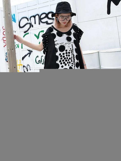 Vivid black dotted cotton Long Shirts o neck patchwork Maxi Dresses - SooLinen