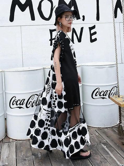 Vivid black dotted cotton Long Shirts o neck patchwork Maxi Dresses - SooLinen