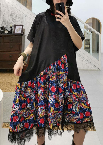 Vivid black patchwork prints cotton clothes Chinese Button summer Dress - SooLinen