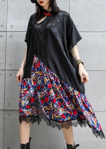 Vivid black patchwork prints cotton clothes Chinese Button summer Dress - SooLinen