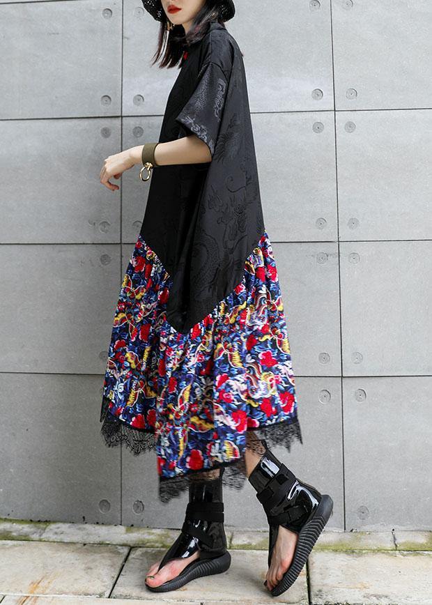 Vivid black patchwork prints cotton clothes Chinese Button summer Dress - SooLinen