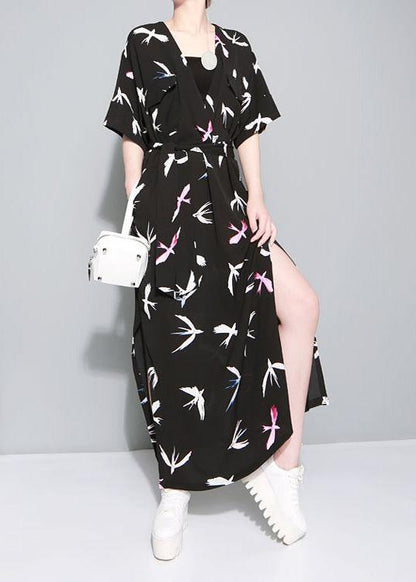 Vivid black prints chiffon clothes side open Traveling summer Dresses - SooLinen