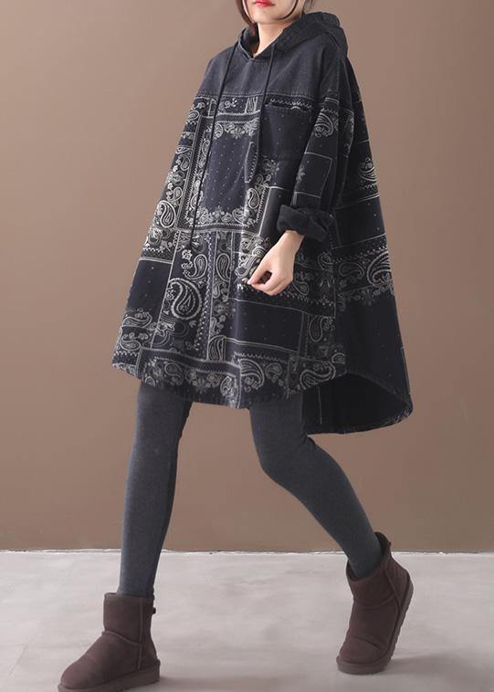 Vivid black thick Cotton quilting clothes hooded short patchwork Dresses - SooLinen