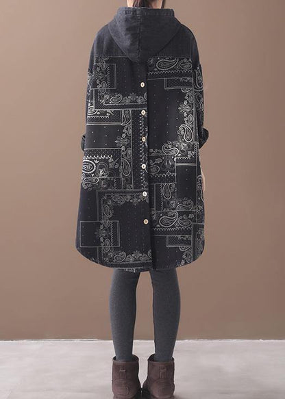 Vivid black thick Cotton quilting clothes hooded short patchwork Dresses - SooLinen