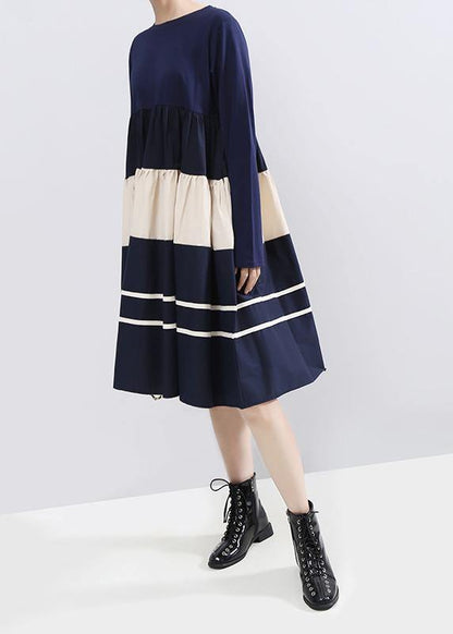 Vivid blue cotton outfit long sleeve A Line patchwork Dress - SooLinen