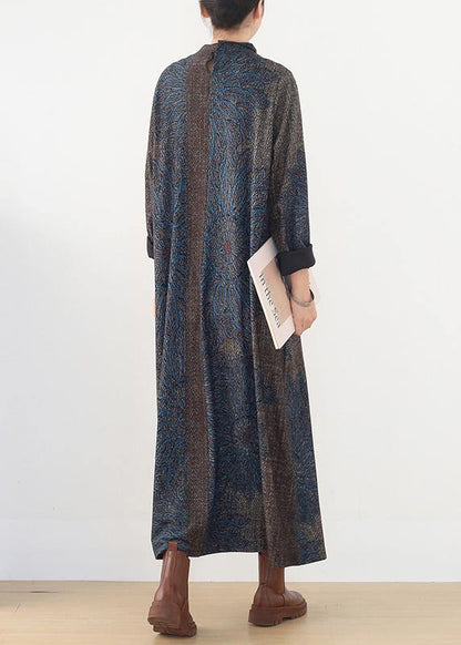 Vivid blue print clothes Women stand collar pockets A Line fall Dress - SooLinen