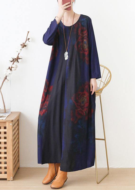 Vivid blue print dress o neck pockets Maxi fall Dress - SooLinen