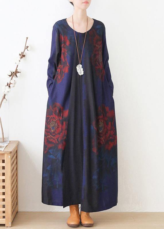 Vivid blue print dress o neck pockets Maxi fall Dress - SooLinen