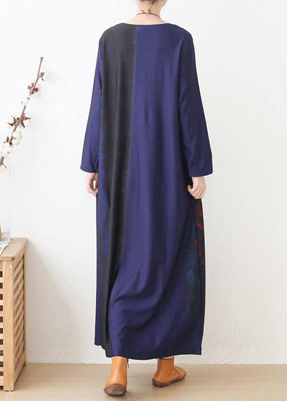 Vivid blue print dress o neck pockets Maxi fall Dress - SooLinen